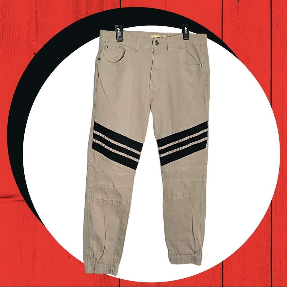 GS-115 Tan Khaki Pants w Black Striping Elastic at Leg Bottoms Men Sz 36